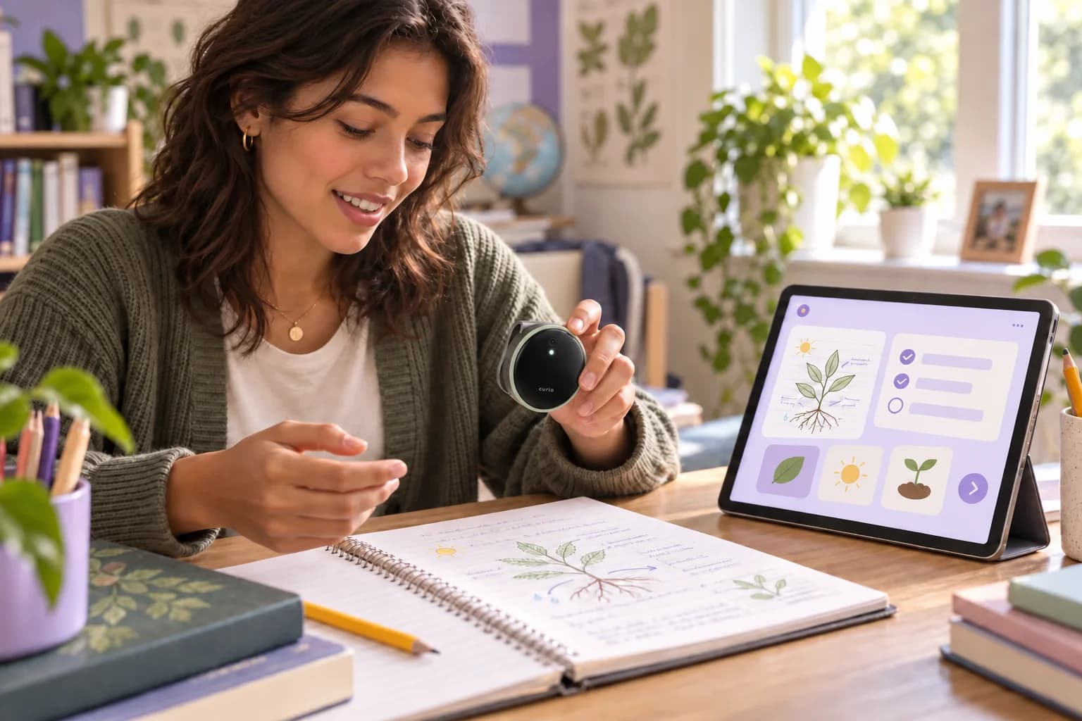 An adult learner capturing project notes with circular Curio beside the QuizVerse app concept on a tablet