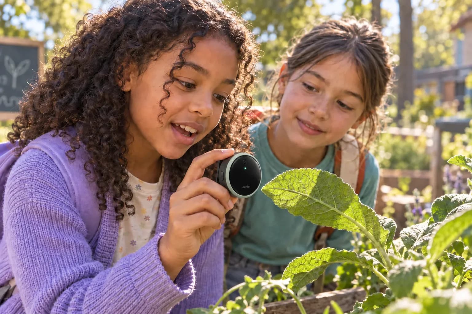 Children using the circular Curio concept to ask a question about a leaf in a garden