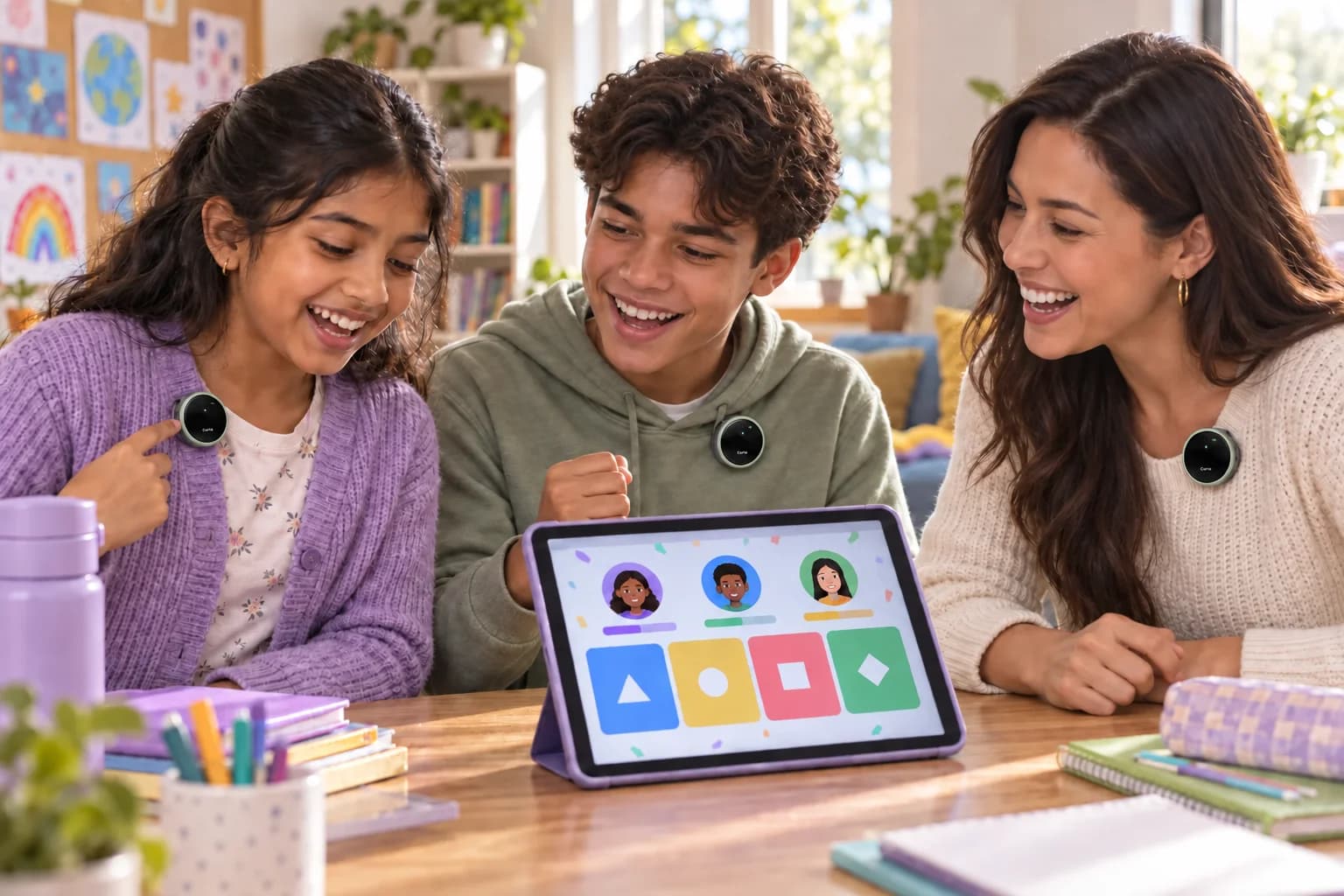 A child, teenager and adult wearing circular Curio concepts and playing a multiplayer trivia experience together on a tablet